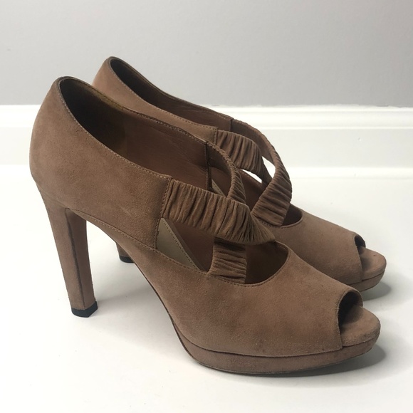 Prada Dark Tan Suede Elastic Ruched Strappy Heels - Picture 4 of 16